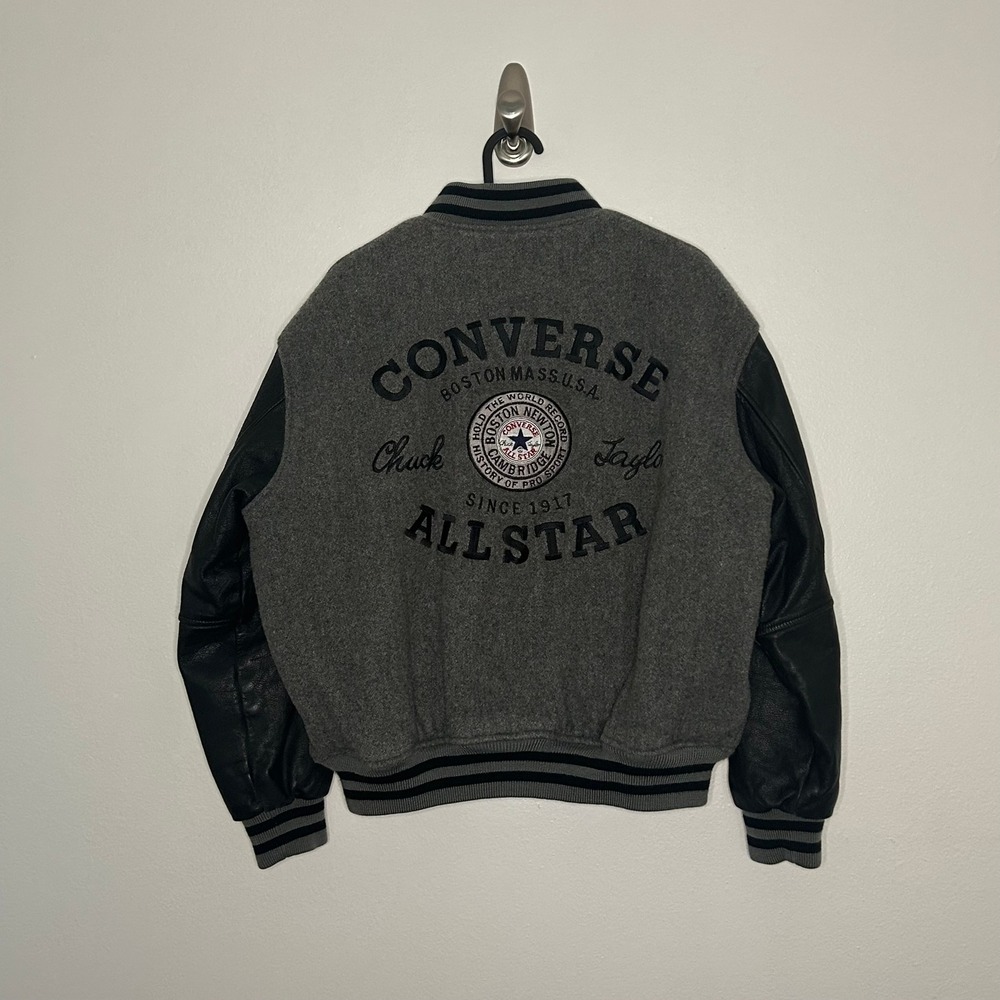 Converse All Star Varsity Jacket Mens Medium Gray Black Wool Leather Letterman